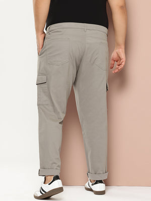 Grey Cricket Club Plus Size Regular Fit Mid-Rise Solid Woven Cargo Trouser For Men