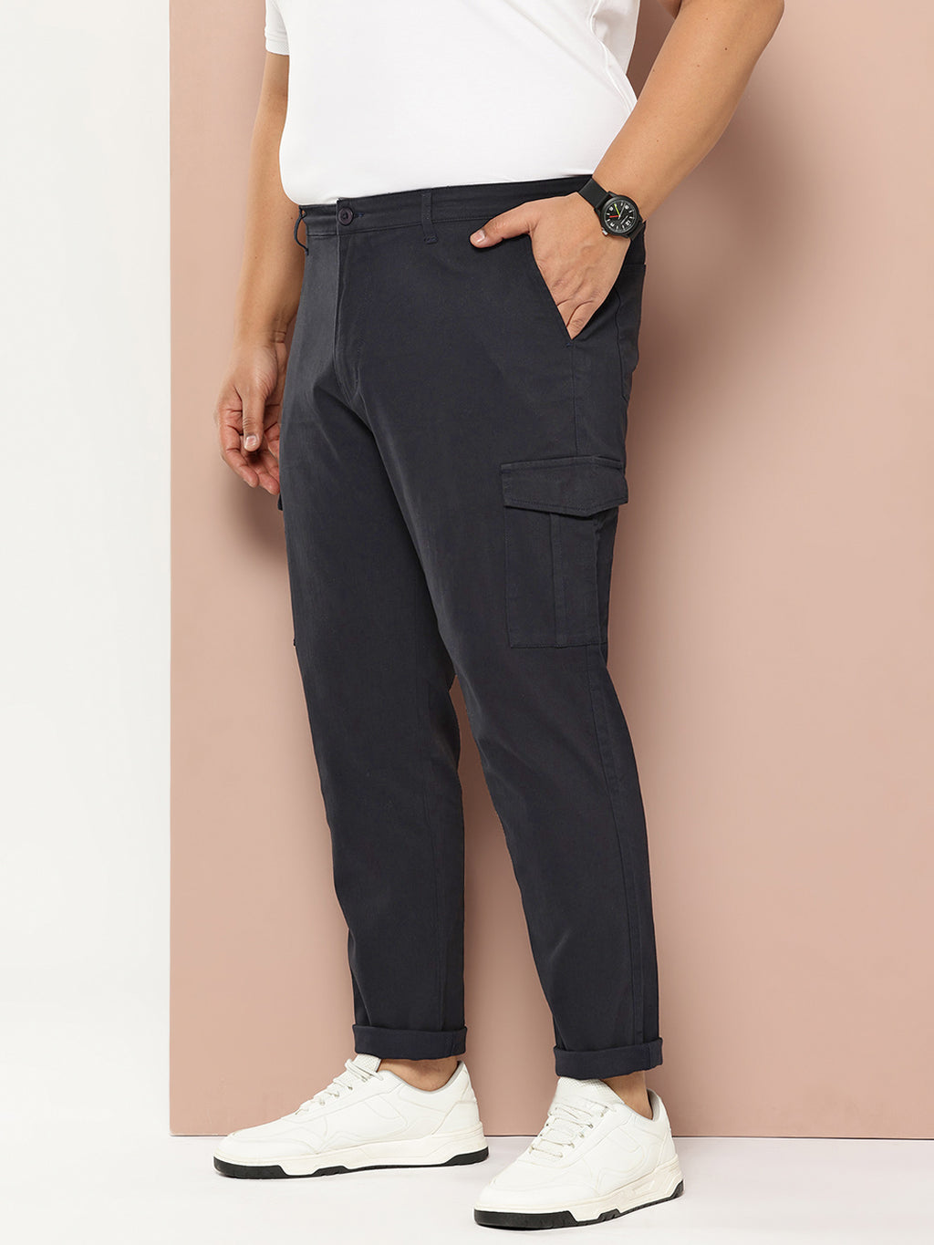 Thomas Scott Men Navy Cricket Club Plus Size Regular Fit Mid-Rise Solid Woven Cargo Trouser