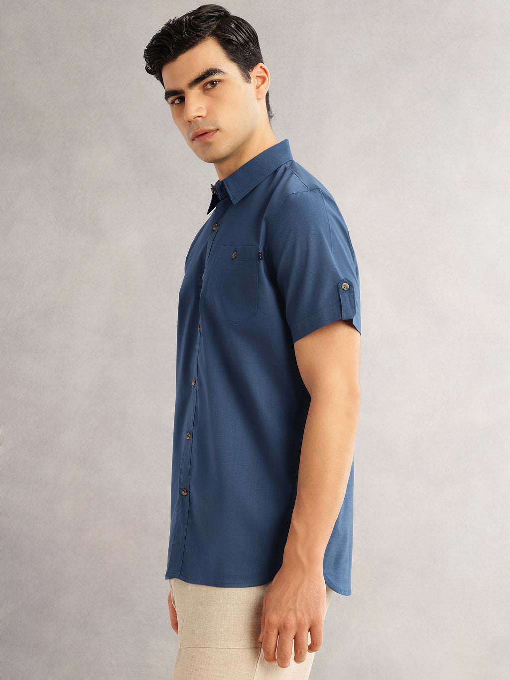 Thomas Scott Men Teal Regular Fit Short Sleeves Spread Collar 100% Cotton Casual Shirt
