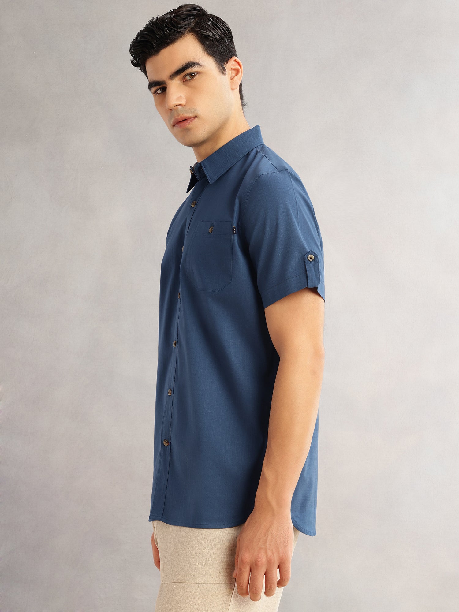 Thomas Scott Men Teal Regular Fit Short Sleeves Spread Collar 100% Cotton Casual Shirt