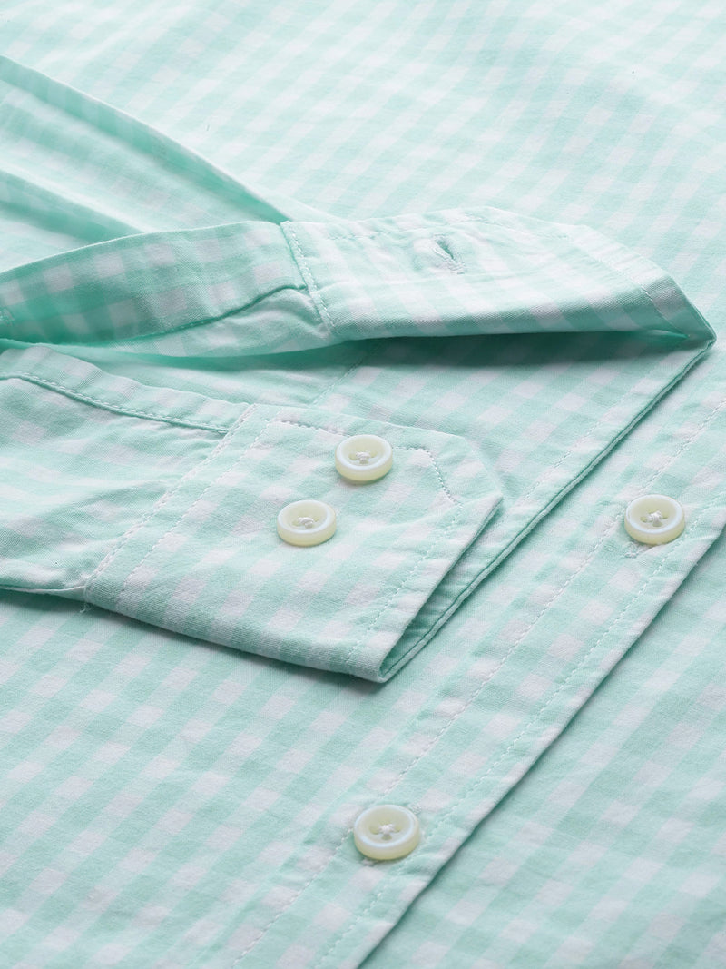 Thomas Scott Men Aqua Cricket Club Plus Size Regular Fit Long Sleeves Spread Collar Gingham Checks 100% Cotton Casual Shirt