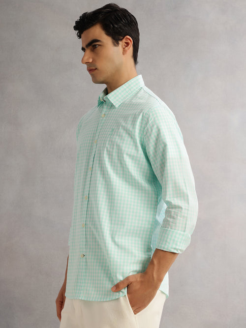 Thomas Scott Men Aqua Cricket Club Slim Fit Long Sleeves Spread Collar Gingham Checks 100% Cotton Casual Shirt