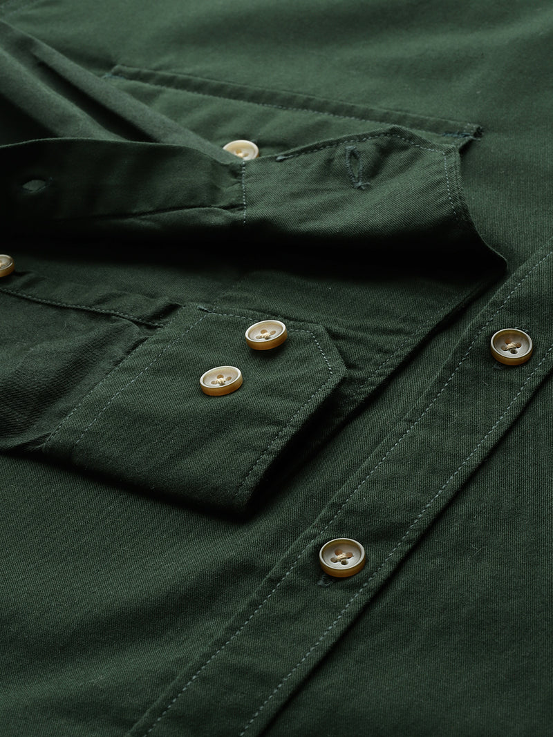 Thomas Scott Men Bottle Green Plus Size Long Sleeves Spread Collar Solid 100% Cotton Casual Shirt