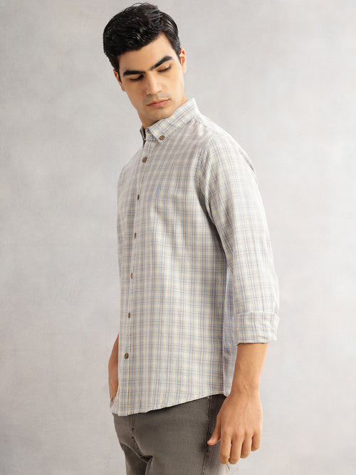Thomas Scott Men Aqua Cricket Club Slim Fit Long Sleeves Button-Down Collar Tartan Checks Cotton Linen Casual Shirt