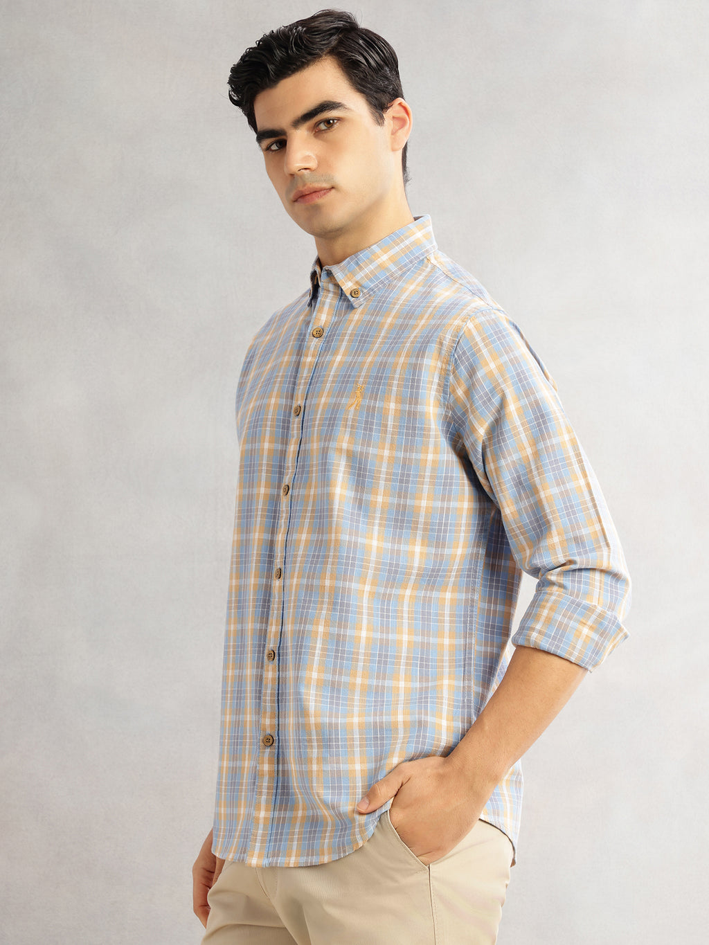 Thomas Scott Men Blue Cricket Club Slim Fit Long Sleeves Button-Down Collar Graphic Checks Cotton Linen Casual Shirt