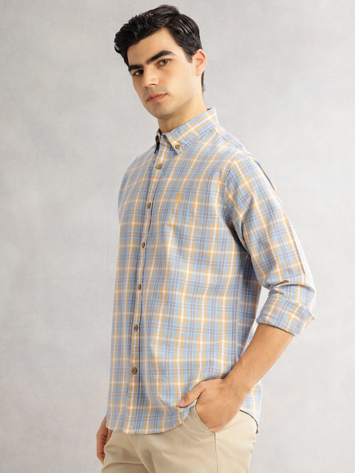 Thomas Scott Men Blue Cricket Club Slim Fit Long Sleeves Button-Down Collar Graphic Checks Cotton Linen Casual Shirt