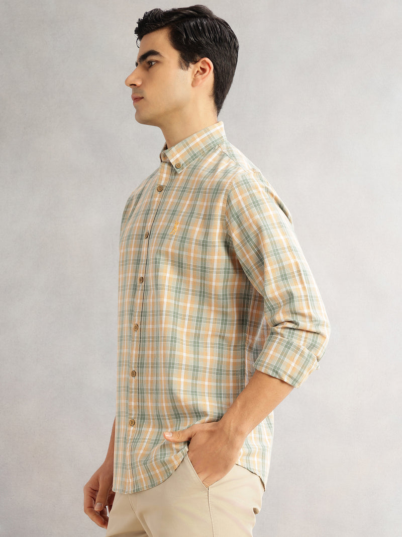 Thomas Scott Men Green Cricket Club Slim Fit Long Sleeves Button-Down Collar Graphic Checks Cotton Linen Casual Shirt