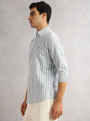 Thomas Scott Men Blue Cricket Club Slim Fit Long Sleeves Button-Down Collar Vertical Stripes Cotton Linen Casual Shirt