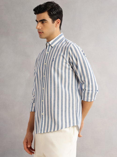 Thomas Scott Men Blue Cricket Club Slim Fit Long Sleeves Button-Down Collar Vertical Stripes Cotton Linen Casual Shirt