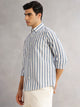 Thomas Scott Men Blue Cricket Club Slim Fit Long Sleeves Button-Down Collar Vertical Stripes Cotton Linen Casual Shirt
