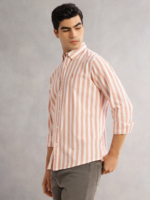 Thomas Scott Men Peach Cricket Club Slim Fit Long Sleeves Button-Down Collar Vertical Stripes Cotton Linen Casual Shirt