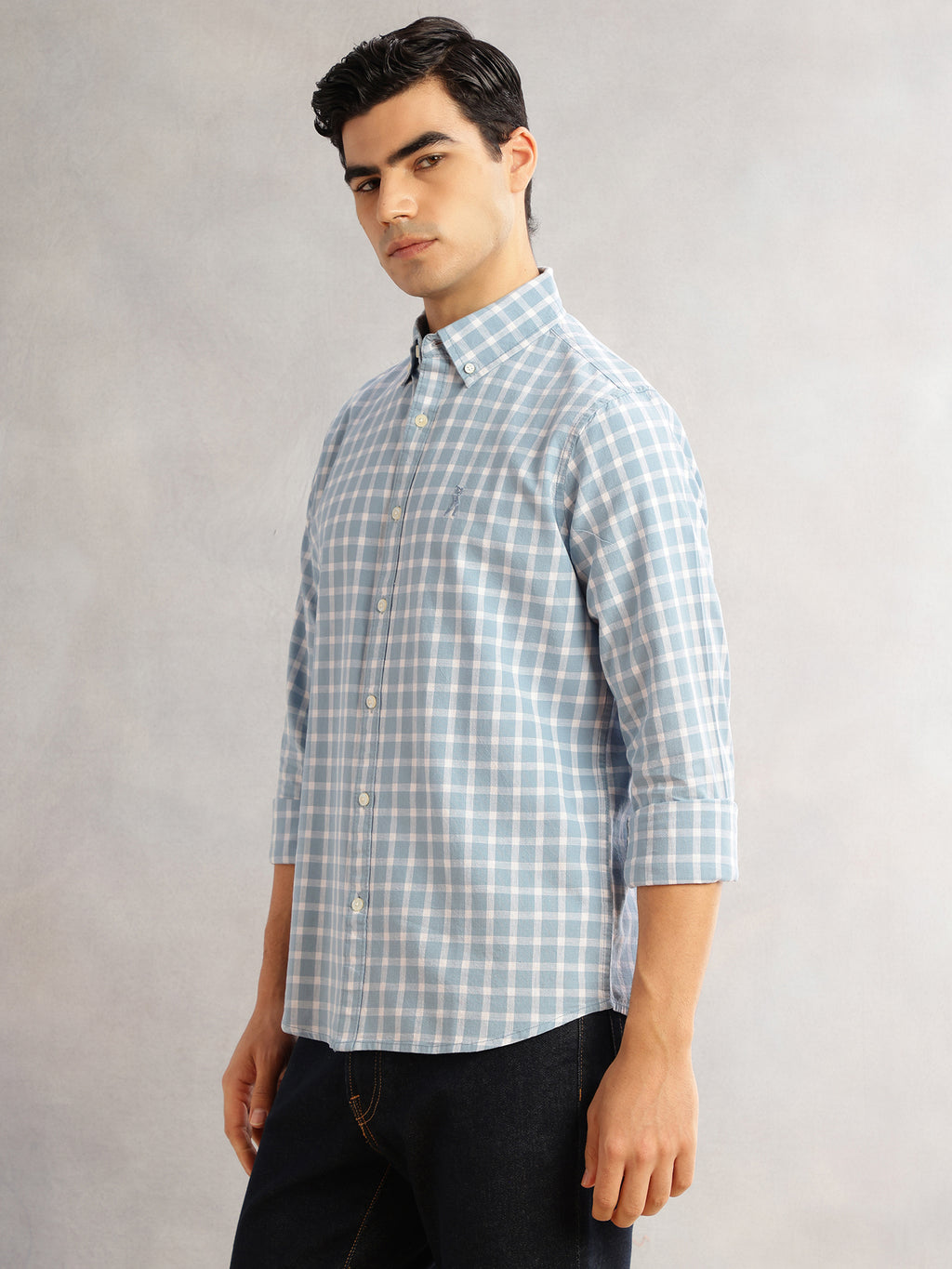 Thomas Scott Men Blue Cricket Club Slim Fit Long Sleeves Button-Down Collar Gingham Checks Cotton Linen Casual Shirt
