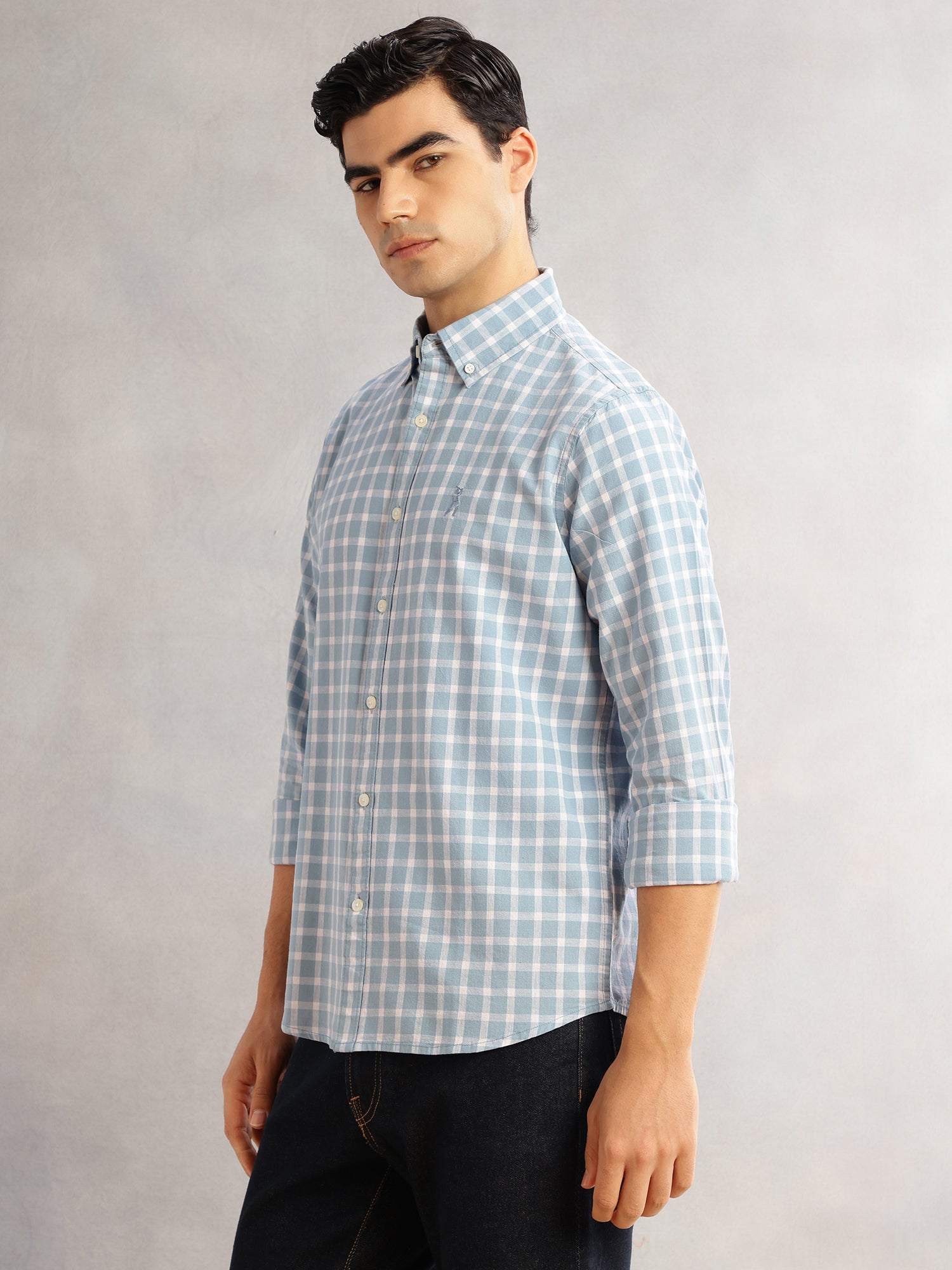 Thomas Scott Men Blue Cricket Club Slim Fit Long Sleeves Button-Down Collar Gingham Checks Cotton Linen Casual Shirt