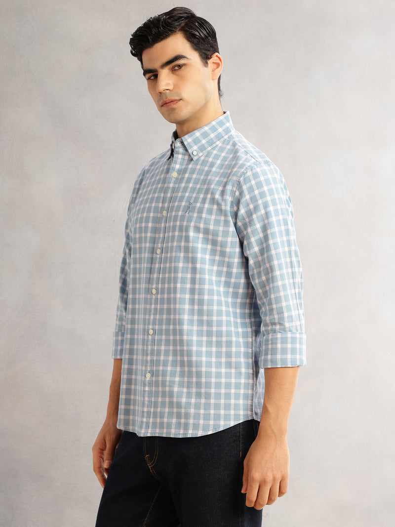 Thomas Scott Men Blue Cricket Club Slim Fit Long Sleeves Button-Down Collar Gingham Checks Cotton Linen Casual Shirt