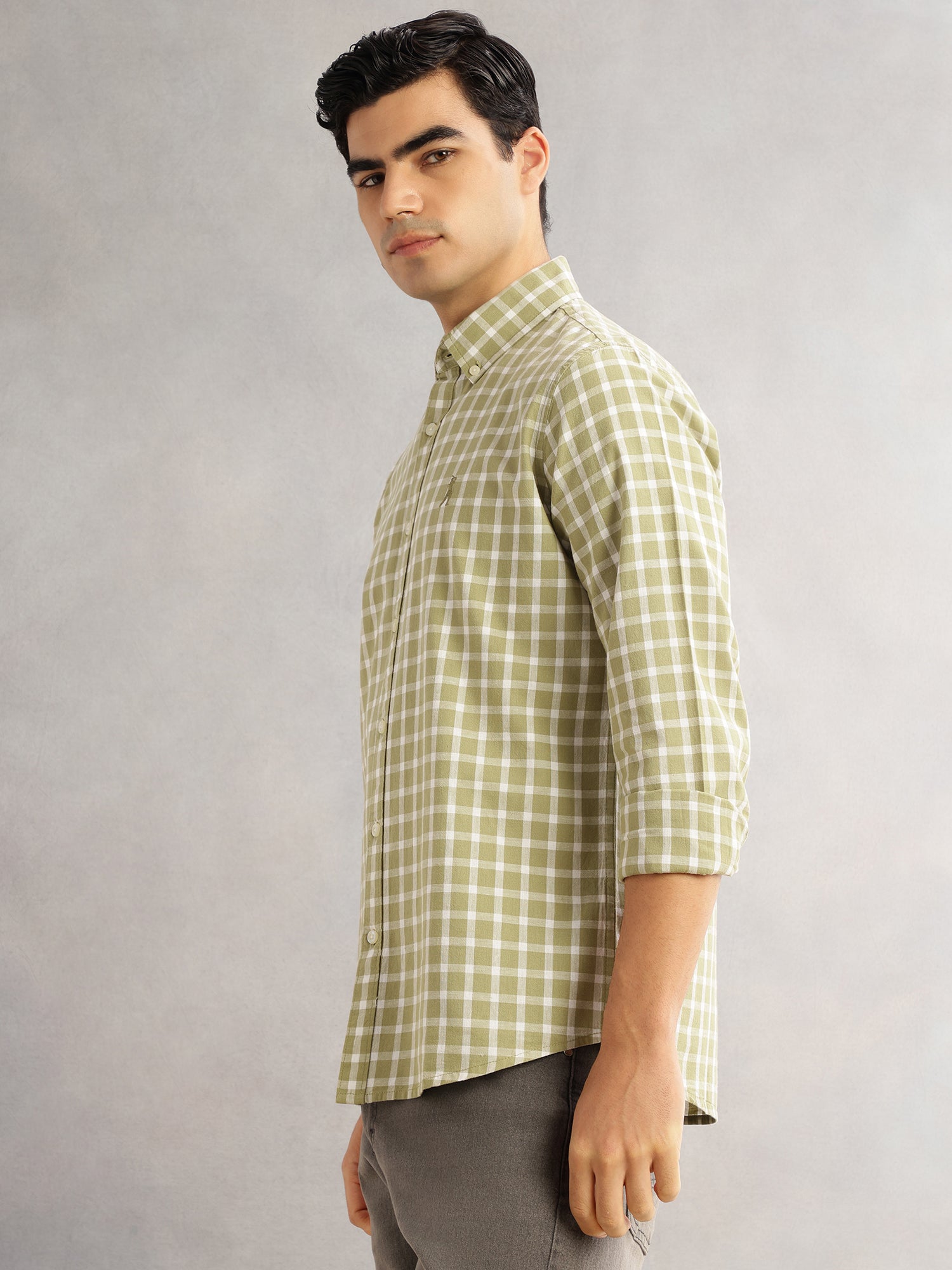 Thomas Scott Men Olive Cricket Club Slim Fit Long Sleeves Button-Down Collar Gingham Checks Cotton Linen Casual Shirt