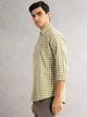 Thomas Scott Men Olive Cricket Club Slim Fit Long Sleeves Button-Down Collar Gingham Checks Cotton Linen Casual Shirt