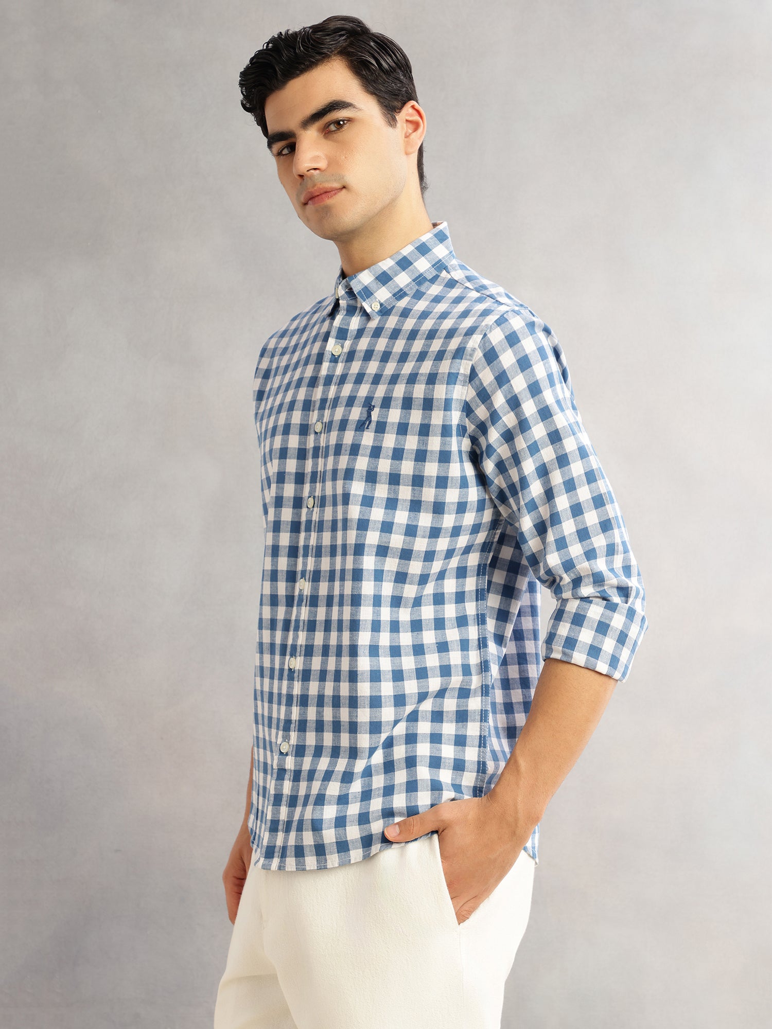 Thomas Scott Men Blue Cricket Club Slim Fit Long Sleeves Button-Down Collar Gingham Checks Cotton Linen Casual Shirt