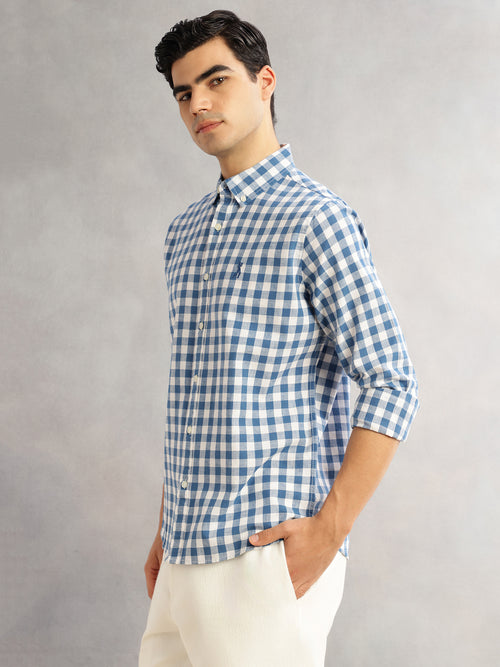 Thomas Scott Men Blue Cricket Club Slim Fit Long Sleeves Button-Down Collar Gingham Checks Cotton Linen Casual Shirt