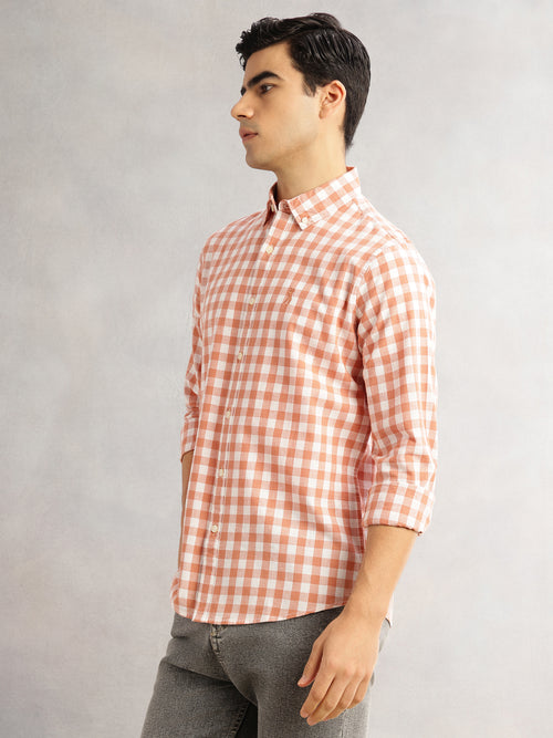 Thomas Scott Men Peach Cricket Club Slim Fit Long Sleeves Button-Down Collar Gingham Checks Cotton Linen Casual Shirt