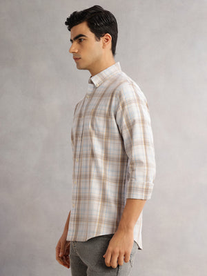 Thomas Scott Men Beige Cricket Club Slim Fit Long Sleeves Button-Down Collar Windowpane Checks 100% Cotton Casual Shirt