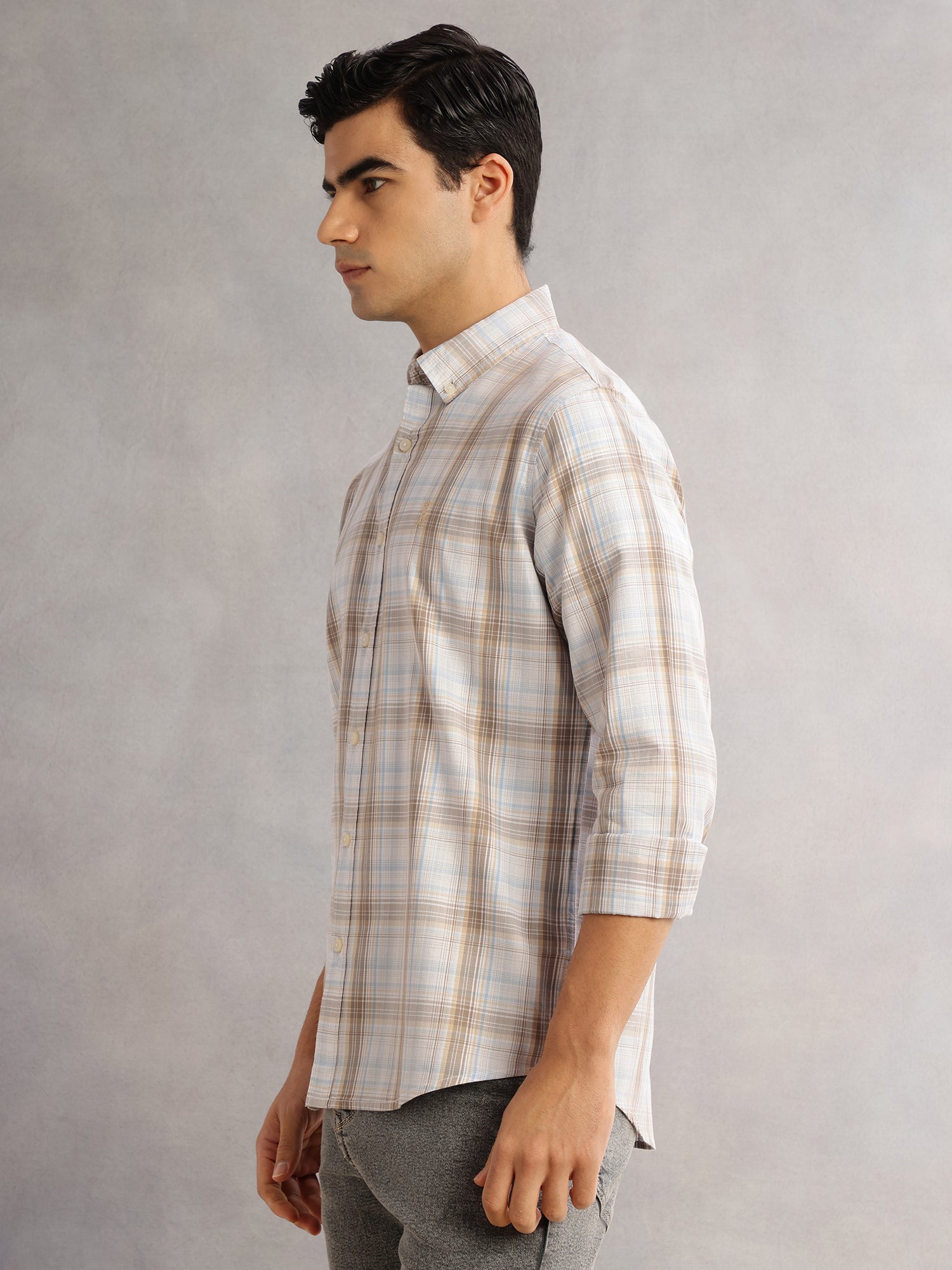 Thomas Scott Men Beige Cricket Club Slim Fit Long Sleeves Button-Down Collar Windowpane Checks 100% Cotton Casual Shirt