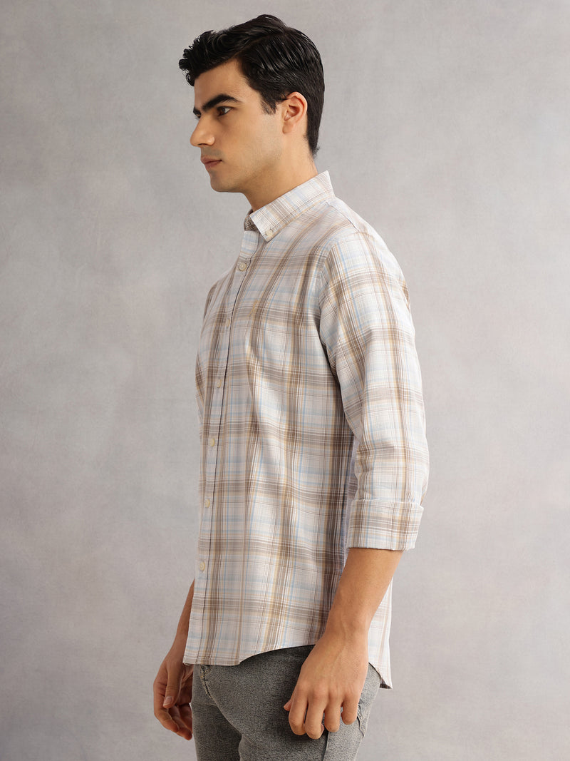Thomas Scott Men Beige Cricket Club Slim Fit Long Sleeves Button-Down Collar Windowpane Checks 100% Cotton Casual Shirt