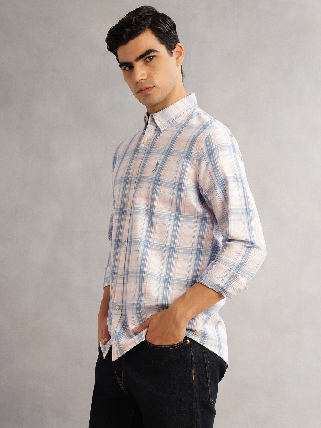 Thomas Scott Men Blue Cricket Club Slim Fit Long Sleeves Button-Down Collar Windowpane Checks 100% Cotton Casual Shirt