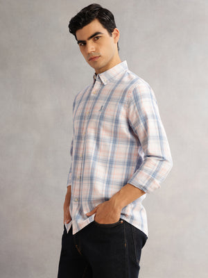 Thomas Scott Men Blue Cricket Club Slim Fit Long Sleeves Button-Down Collar Windowpane Checks 100% Cotton Casual Shirt