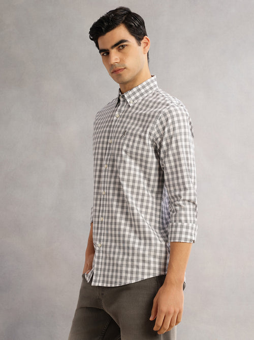 Thomas Scott Men Grey Cricket Club Slim Fit Long Sleeves Button-Down Collar Gingham Checks 100% Cotton Casual Shirt