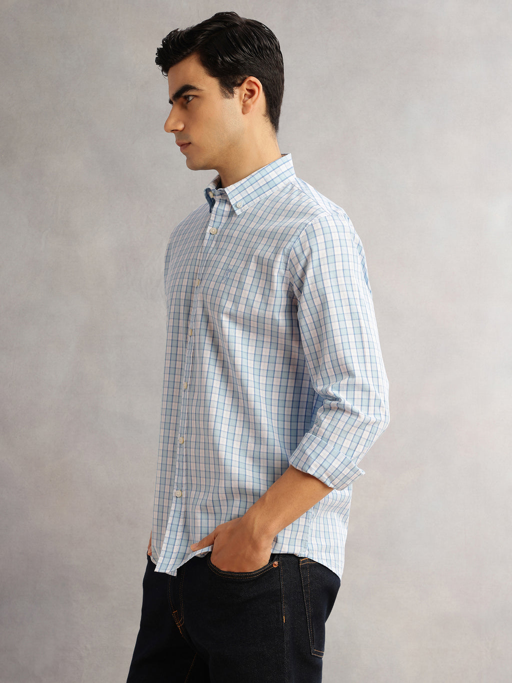 Thomas Scott Men Aqua Cricket Club Slim Fit Long Sleeves Button-Down Collar Gingham Checks 100% Cotton Casual Shirt