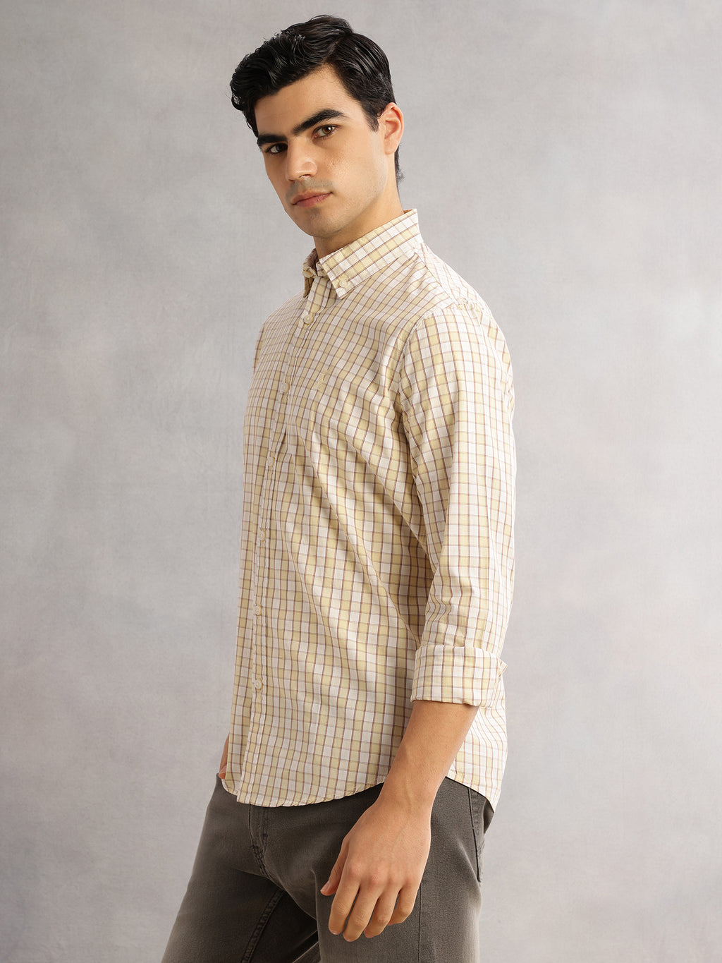 Thomas Scott Men Mustard Cricket Club Slim Fit Long Sleeves Button-Down Collar Gingham Checks 100% Cotton Casual Shirt