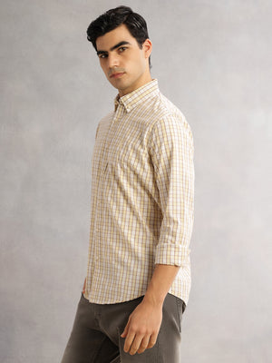 Thomas Scott Men Mustard Cricket Club Slim Fit Long Sleeves Button-Down Collar Gingham Checks 100% Cotton Casual Shirt