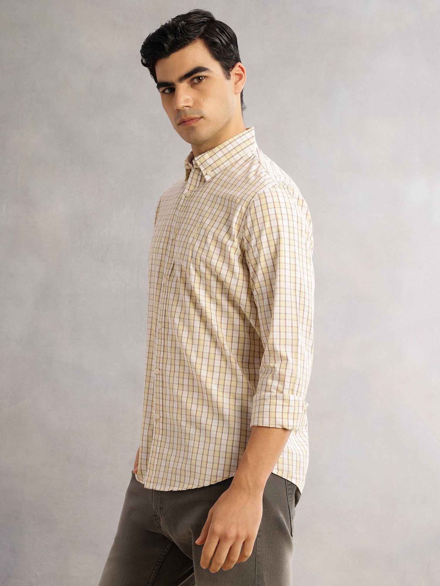 Thomas Scott Men Mustard Cricket Club Slim Fit Long Sleeves Button-Down Collar Gingham Checks 100% Cotton Casual Shirt
