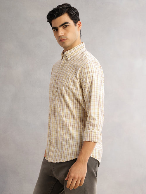 Thomas Scott Men Mustard Cricket Club Slim Fit Long Sleeves Button-Down Collar Gingham Checks 100% Cotton Casual Shirt