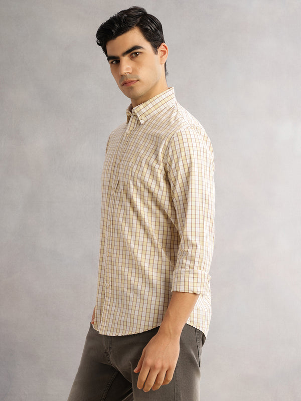Thomas Scott Men Mustard Cricket Club Slim Fit Long Sleeves Button-Down Collar Gingham Checks 100% Cotton Casual Shirt