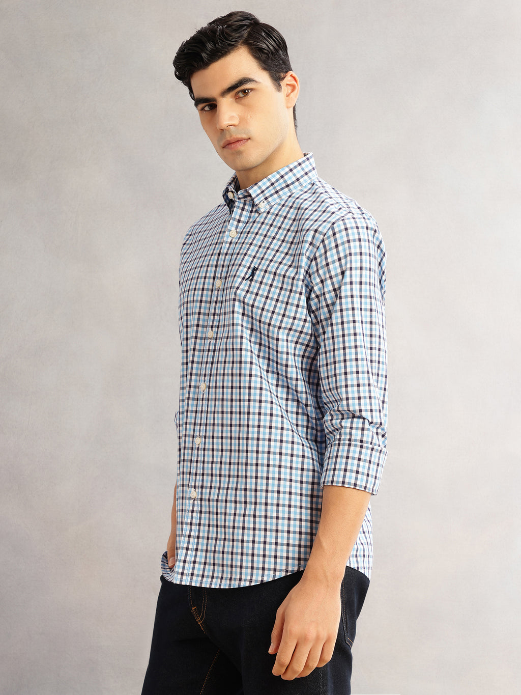 Thomas Scott Men Blue Cricket Club Slim Fit Long Sleeves Button-Down Collar Tartan Checks 100% Cotton Casual Shirt