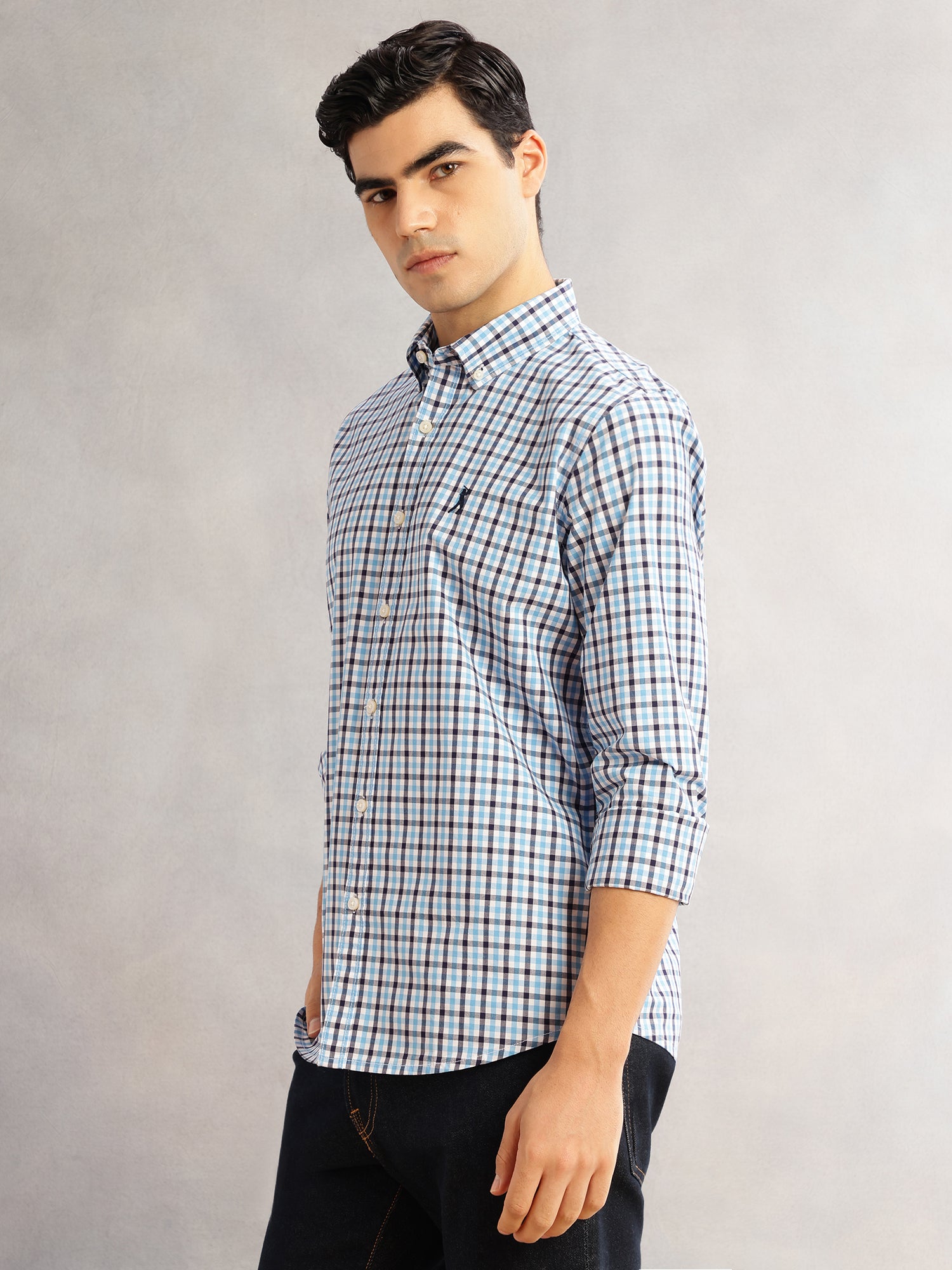 Thomas Scott Men Blue Cricket Club Slim Fit Long Sleeves Button-Down Collar Tartan Checks 100% Cotton Casual Shirt