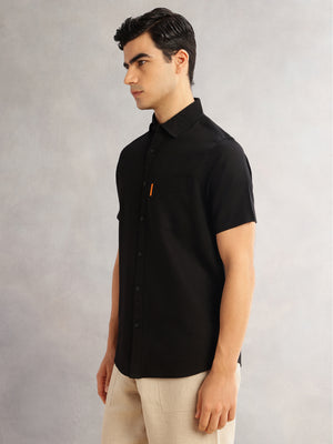 Thomas Scott Men Black Cricket Club Regular Fit Short Sleeves Spread Collar Cotton Linen Casual Shirt