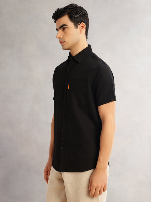 Thomas Scott Men Black Cricket Club Regular Fit Short Sleeves Spread Collar Cotton Linen Casual Shirt