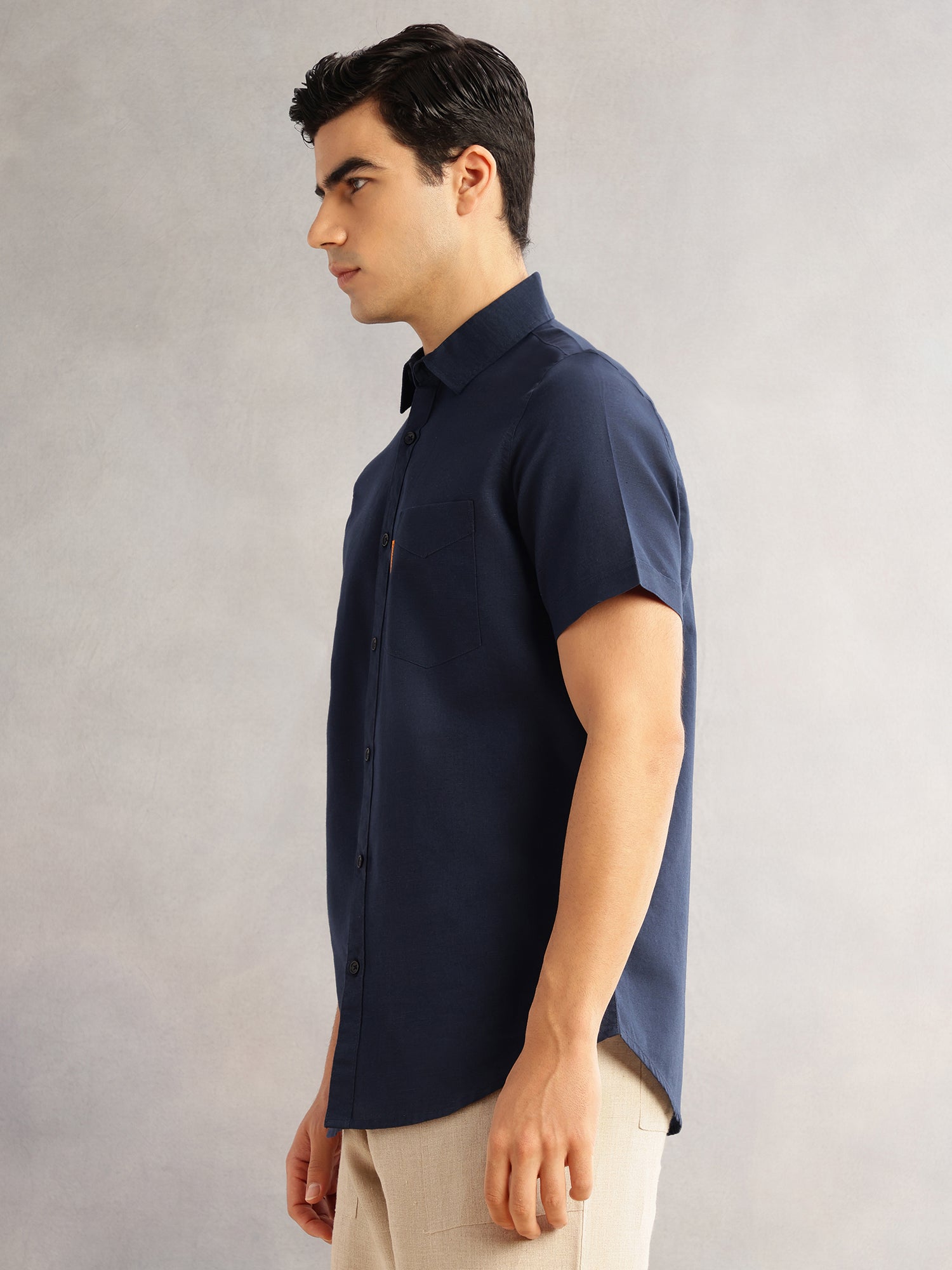 Thomas Scott Men Navy Cricket Club Regular Fit Short Sleeves Spread Collar Cotton Linen Casual Shirt