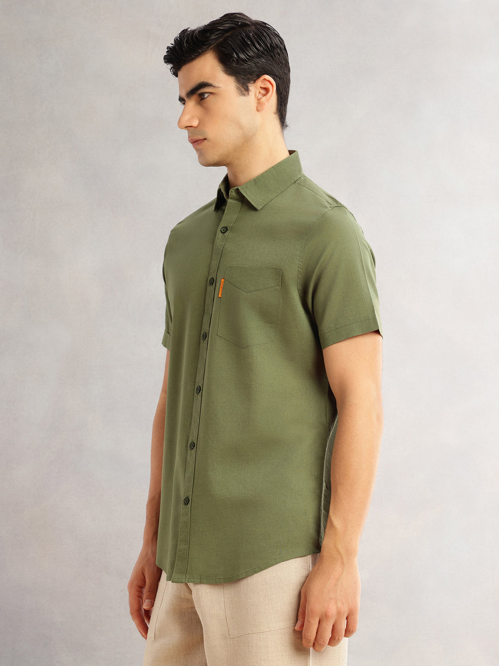 Thomas Scott Men Olive Cricket Club Regular Fit Short Sleeves Spread Collar Cotton Linen Casual Shirt