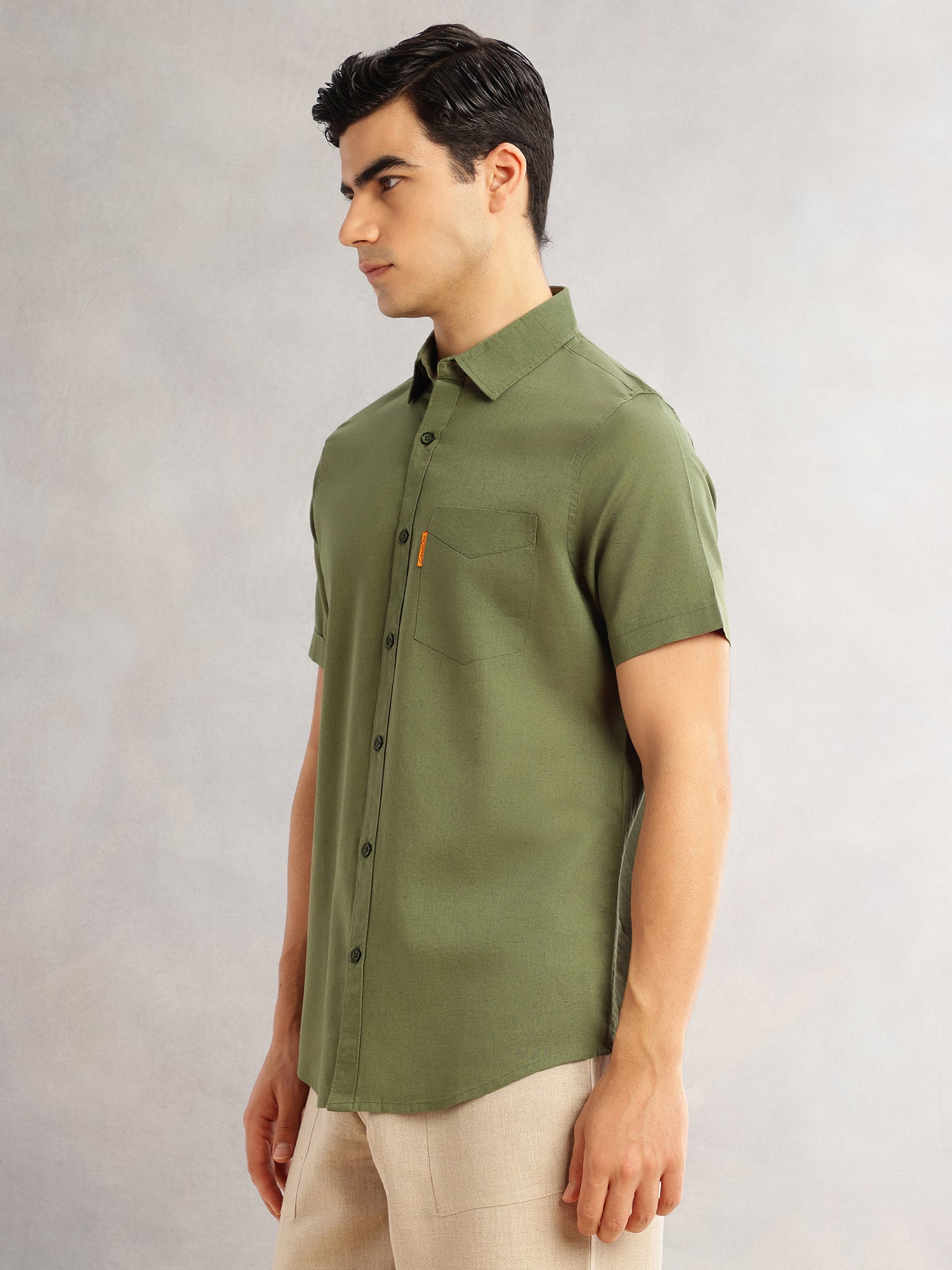 Thomas Scott Men Olive Cricket Club Regular Fit Short Sleeves Spread Collar Cotton Linen Casual Shirt