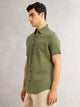 Thomas Scott Men Olive Cricket Club Regular Fit Short Sleeves Spread Collar Cotton Linen Casual Shirt
