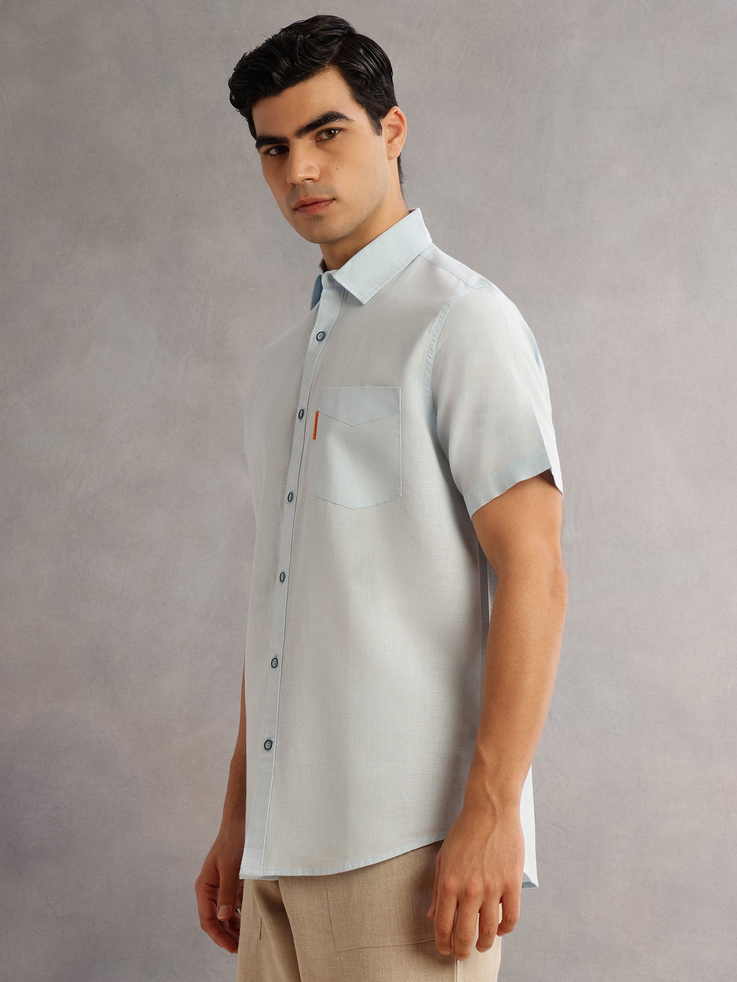 Thomas Scott Men SkyBlue Cricket Club Regular Fit Short Sleeves Spread Collar Cotton Linen Casual Shirt