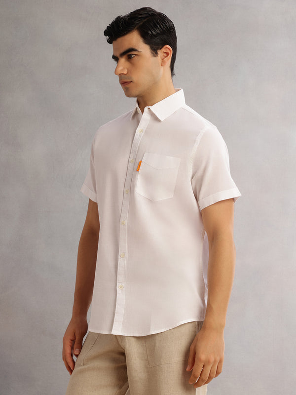 White Cricket Club Regular Fit Short Sleeves Spread Collar Cotton Linen Casual Shirt For Men