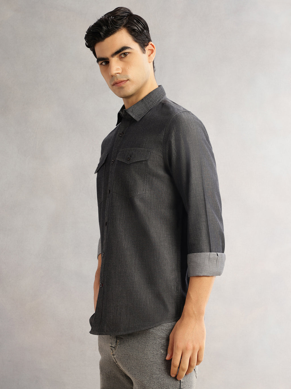 Thomas Scott Men Black Slim Fit Long Sleeves Spread Collar Chambray 100% Cotton Casual Shirt