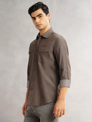 Thomas Scott Men Brown Slim Fit Long Sleeves Spread Collar Chambray 100% Cotton Casual Shirt