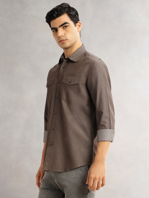 Thomas Scott Men Brown Slim Fit Long Sleeves Spread Collar Chambray 100% Cotton Casual Shirt