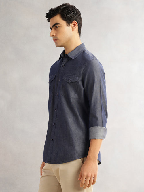 Thomas Scott Men Navy Slim Fit Long Sleeves Spread Collar Chambray 100% Cotton Casual Shirt