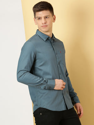 Thomas Scott Men Teal Slim Fit Long Sleeves Spread Collar 100% Cotton Flannel Casual Shirt